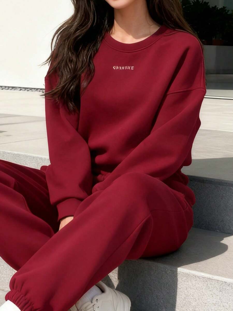 Women's Solid Color Sports Sweatshirt Set - Casual Long-Sleeved Pullover And Jogger Pants Two-Piece Sportswear - 紅色 - 查看 1
