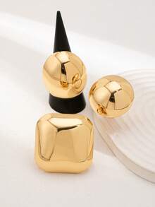 3 Pcs Golden Color Ball Design Chunky Rings Set For Women , Fashionable Geometric Oversized Statement Ring Jewelry Suitable For Daily Wear , Party - Gold - View 4