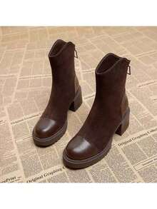 Damskie krótkie botki na jesień/zimę 2025, stylowe, francuskie, retro, skórzane i aksamitne, krótkie botki, modny zamek błyskawiczny z tyłu, uniwersalne, dopasowane, eleganckie - Brązowy - Zobacz 3