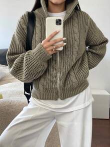 Livesso Drop Shoulder Zipper Front Cardigan,Three Quarter Sleeve Tops Jacket - Green - View 1