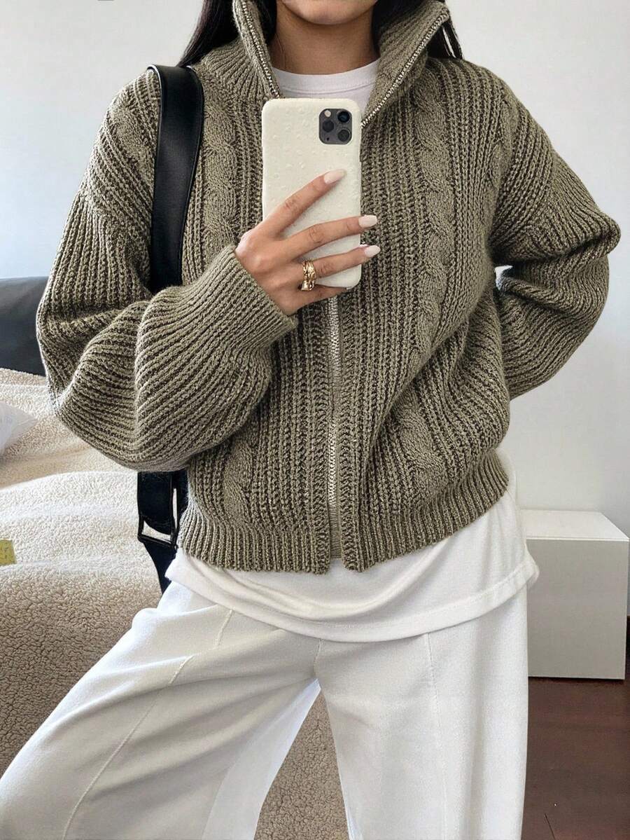 Livesso Drop Shoulder Zipper Front Cardigan,Three Quarter Sleeve Tops Jacket - Green - View 1