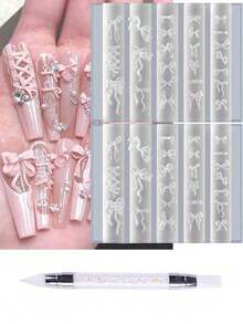 2Pcs 3D Bow Nail Molds Silicone Nail Tools With 1pc Pen,1pc 3D Cute Bow Nail Stencil DIY Nail Art Template, Reusable Mold For Salon Accessories & Manicure Decorations Nail Tools - Bowknot Nail Charms Ribbon Bows Carving Template For Nail Art Accessories