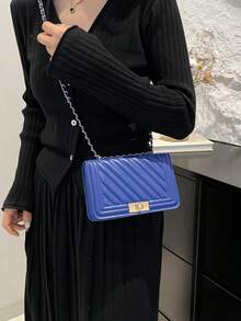Mini Fashionable New Solid Color PU Leather Chain Shoulder Crossbody Flap Bag - Blue - View 6