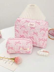 Cute Bow Pattern Make Up Bag Portable Travel Cosmetics Pouch Foam Quilted Home Items Storage Bag Large Capacity Travel Toiletry Bag Set Lovely Pink Grid Print Makeup Bags Practical Cosmetics Organizer Bag With Zipper Handheld Toiletries Bag Big Bow Print Lipstick Pouch Girls' Skincare Organizer Bag Home Decor Girly Accessories Bedroom Supplies Dorm Supplies Back To School Gifts Cosmetics Container Makeup Case Accessories Make Up Holder - Pink - View 7