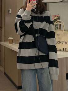 Sudadera vintage de manga larga a rayas para mujer, prenda de otoño, estilo ligero, corte holgado, cuello redondo estilo coreano. - Negro - Ver 5