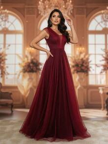 Grife Velasco Elegant Long Wedding/Party Dress With Ruffles, Glitter, And Short Sleeves, For Bridesmaids And Graduation. - Redwood - View 7