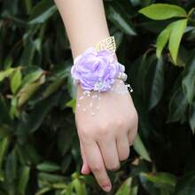 4pcs/Set Pink & Gold Leaf Beaded Wrist Corsage, Crystal Brooch For Bride, Bridesmaid, Wedding Supplies