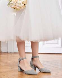 Women's Pointed Toe Pumps Ankle Strap Buckle Chunky Block Heel Dress D'Orsay Shoes - Grey - View 1