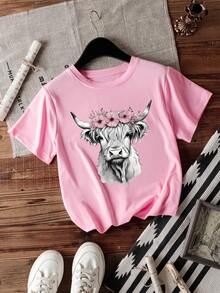 女式粉色高地牛图案 T 恤 - 休闲涤纶圆领短袖 T 恤，可机洗，四季舒适，休闲装