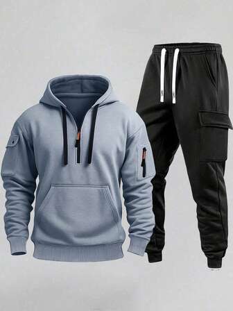 Herrset med huvtröja och cargobyxor, casual, minimalistisk stil för utomhusbruk