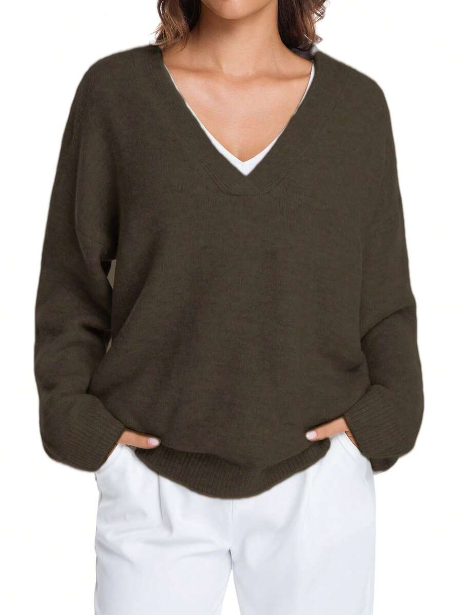 大码女式V领长袖毛衣 - 秋冬必备单品 - 摩卡棕 - 查看 1
