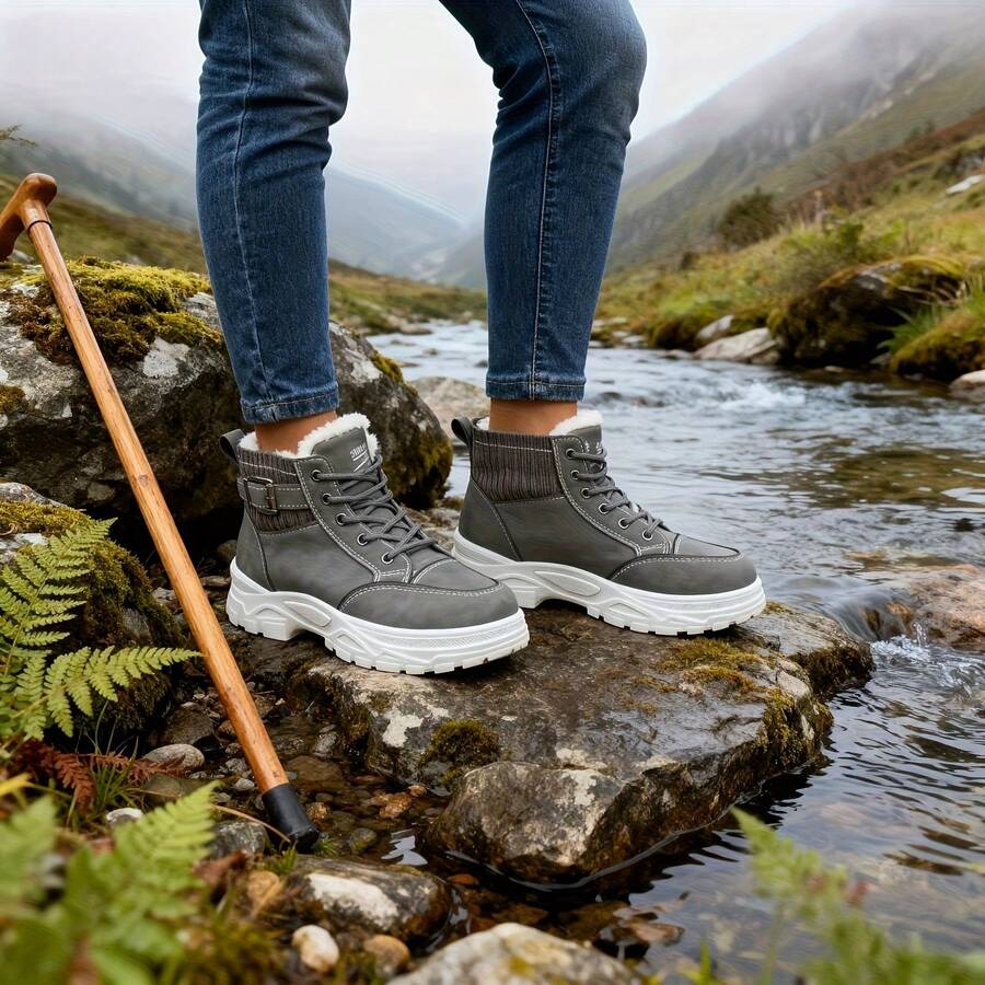 Women's Autumn/Winter Fleece-Lined Snow Boots, Thick-Soled Height-Increasing Casual Ankle Boots, Outdoor Non-Slip Versatile Work Boots, Autumn/Winter Style - 灰色 - 查看 1