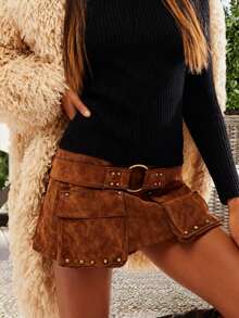 Women's Rivet Trimmed Skorts Fashionable Solid Color Slim Fit Low Waist Mini Skirts With Shorts Underneath For Beach Daily Wear Women's Dark Gray Suede-Like Mini Skirt - Large Metal Ring Belt Multi-Pocket Stud Accents Structured Fit Soft Fabric Stylish Edgy Streetwear Versatile Casual Daily Wear(S-XL) - 棕色 - 查看 4
