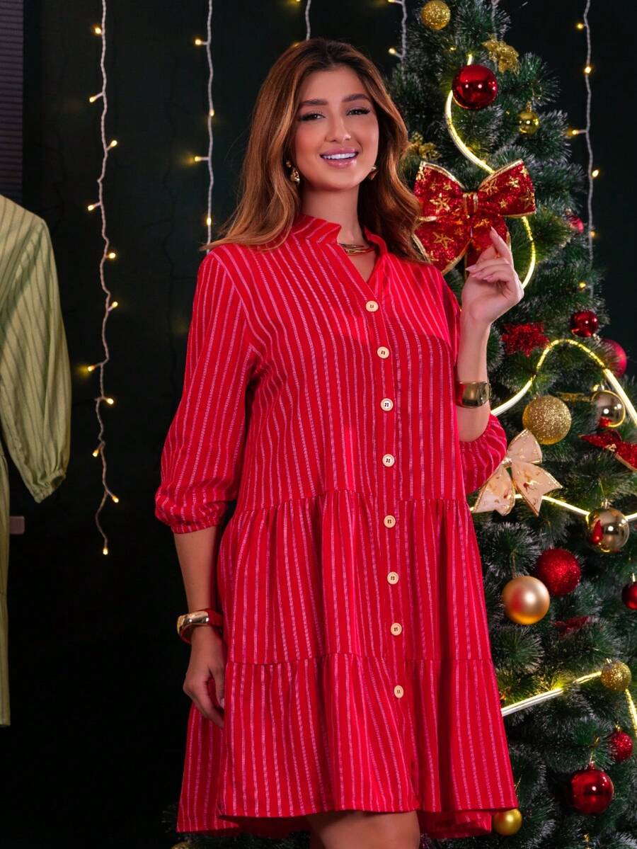 Women's Striped Midi Dress With Shirt Collar And Bishop Sleeves, Casual, With Buttons, Asymmetrical Hem, Summer And Beach. - 紅色 - 查看 1