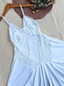 Sexy Lace Nightgown With Backless Detail, Ruffled Train, Slit, No Padding, Sleep Dress, Lingerie, Nightwear Line - White - View 2