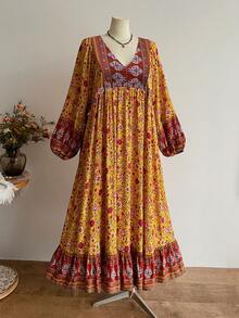 Rusttydustty Plus Size Women's Yellow Floral Bohemian Vintage Long Sleeve Dress, Suitable For Vacation And Travel, Autumn/Winter - Yellow - View 3