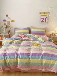 3pcsRainbow Stripes, Plaid,Girls, School Students, Small Fresh, Boys And Girls,Dormitory Dress-Upsuper Soft, Lovely, Four Seasons, Sanding Quilt Cover, Home Bedding, Kit, Excluding Quilt Core,Twin Queen King - Multicolor - View 2