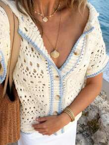 Áo khoác cardigan tay ngắn phối màu phong cách bohemian dành cho nữ cỡ lớn, thích hợp cho kỳ nghỉ biển, những dịp ăn trưa, mùa xuân. - Màu be - Xem 5