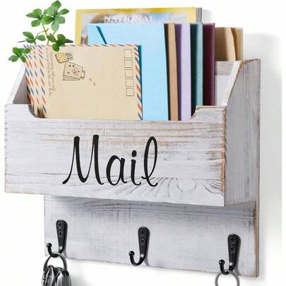 HAWTDRASTAR Mail Organizer Wall Mounted Wooden Mail And Key Holder For Wall Hanging Mail Organizer Retro White Mail Basket For Home Office