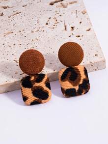1 par de pendientes personalizados con estampado de leopardo, corazón y diseño geométrico (patrón aleatorio) - Multicolor - Ver 3