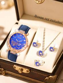 一套时尚清新的贝壳镂空吊坠项链、耳环和戒指首饰套装，搭配一块心形表盘、水晶镶嵌表壳的女士石英手表，适合日常佩戴、生日礼物、派对、节日聚会等场合，是送给自己或朋友的理想礼物。不含礼盒。