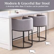 Stylish 26-Inch Counter Height Bar Stools Set Of 3  Modern Curved Back Bar Chairs With Armrests, Black Metal Frame & Linen/Corduroy Upholstery - Ideal For Kitchen Island, Living Room Sofa Side Table & Dining Space, Light Grey - 淺灰色 - 查看 3