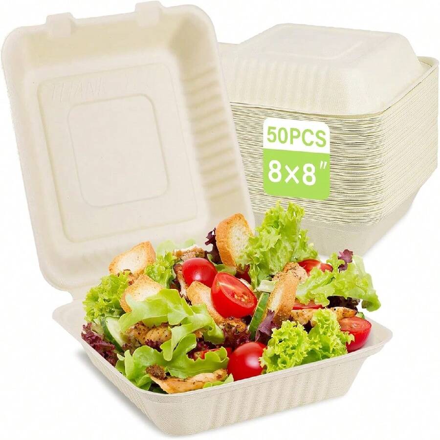 50 sets de contenedores para llevar de 8"X8" con tapas, cajas de comida desechables grandes tipo concha, cajas reutilizables para preparación de comidas para llevar con 1 y 3 compartimentos - Beis - Ver 1