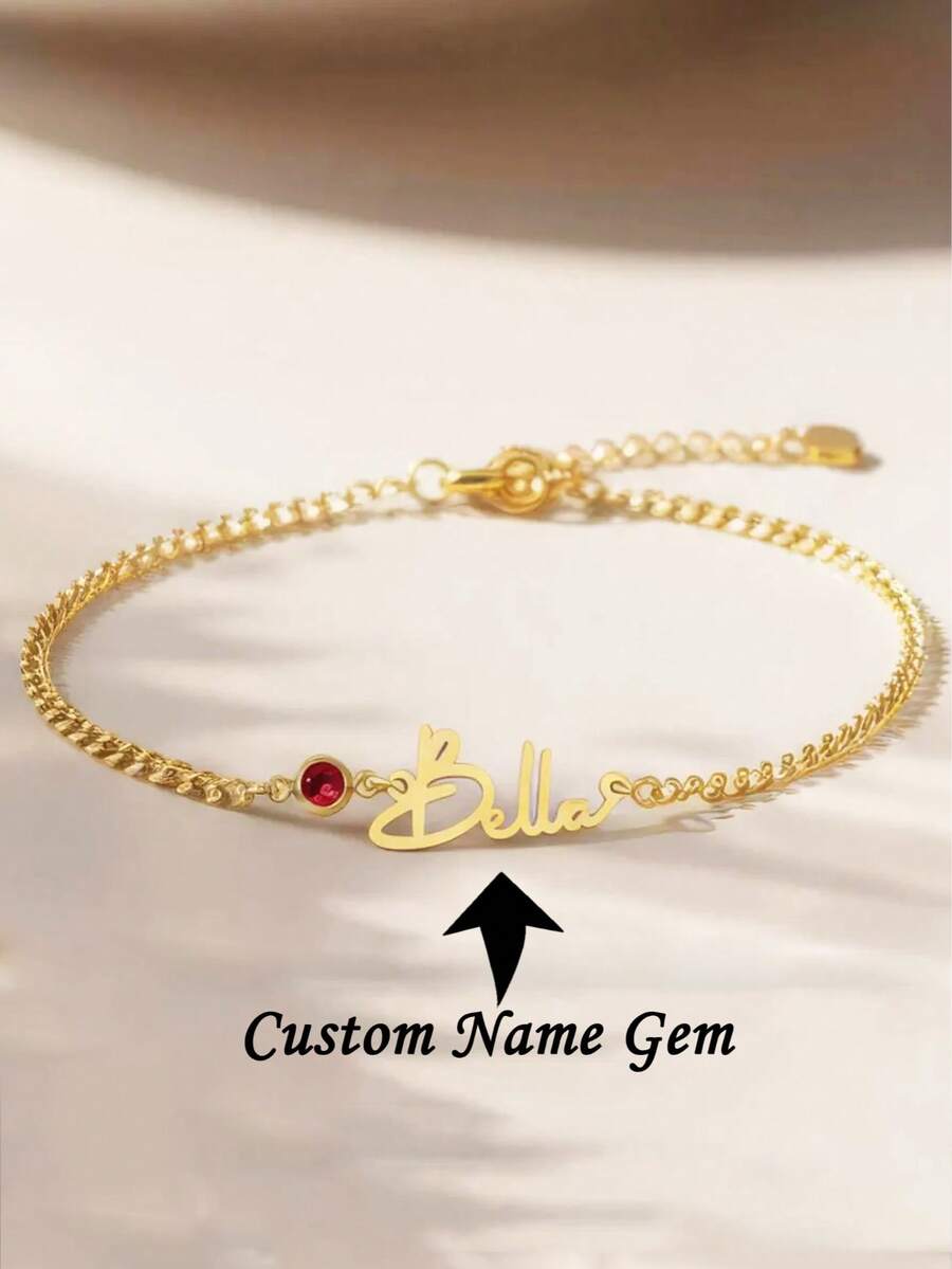 1Pc Custom Name Bracelet With Birthstone, Personalized Gold Bracelet For Women, Minimalist Jewelry, Custom Gift For Her Christmas Gift - Multicolor - View 1
