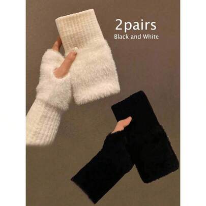 Găng tay hở ngón ấm áp dành cho nữ, găng tay giữ ấm cổ tay dệt kim màu trơn, đa năng dùng cho văn phòng, trường học, viết lách, thể thao ngoài trời và mặc hàng ngày vào mùa thu/đông, găng tay giả lông thú, dễ thương cho văn phòng, đạp xe, găng tay hở ngón chống gió.