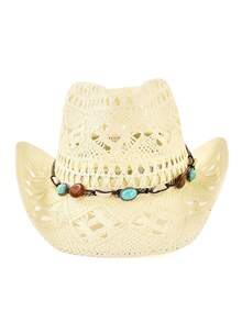 1顶男女通用牛仔帽，宝石装饰，镂空印花草帽，适合春夏旅行、海滩、防晒、休闲佩戴 - 西部牛仔禮帽 - 查看 14