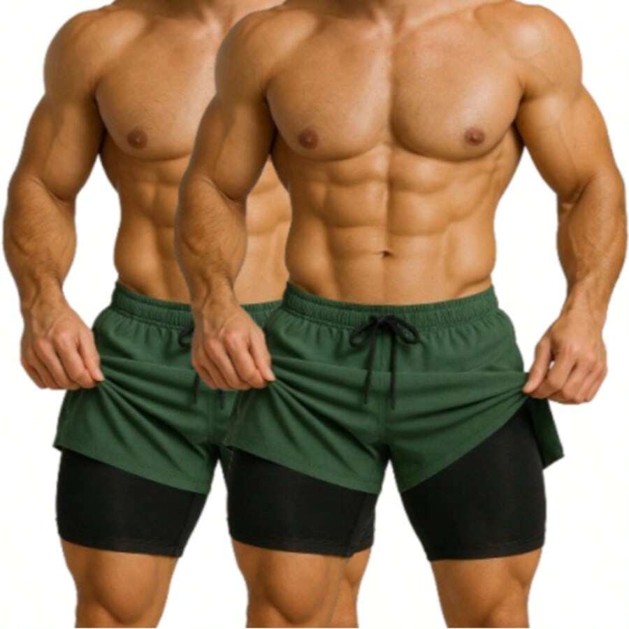 Kit Of 2 Men's UV DryFit Athletic Shorts For Gym, Training, And Running - KIT 2 Green - View 1