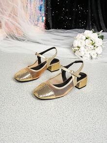 Women's Closed Toe Gold Chunky Heel Sandals, Versatile French Style Mid Heel Mary Jane Shoes, Solid Color Bohemian Buckle Office Shoes For Summer - Gold - View 2