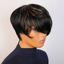 优雅的1B/30精灵短发假发，女士款 - 直发真人发假发，带刘海，短款层次直发造型，自然黑棕混色，无需胶水即可轻松佩戴，多色设计，适合所有人，6英寸舒适玫瑰网帽，无需胶水，完美适用于日常佩戴、派对、圣诞节、新年以及K-Pop等场合。 - 彩色 - 查看 13