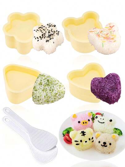 1pc/3pcs/7pcs DIY Bento Mold, Yellow Sushi Mold, Creative Shaped Mold, Triangle Rice Roll & Veggie Roll Mold, Rice Roll & Veggie Roll Mold, Heart Shaped Mold, Plum Shaped Mold, Teddy Bear Mold, Bread Mold, Baking Tool, Kitchen Gadget, For Making Rice Rolls, Veggie Rolls, Bread, Cake Decoration