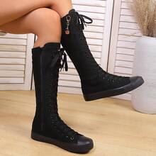 love ycodo Women's Fashion Flat Zipper Inside Knee-High Boots, Girls Student Halloween Decor Pendant Lightweight Sneaker Boots, Suitable For Parties And Daily Wear, Size 34-43 - Black - View 2