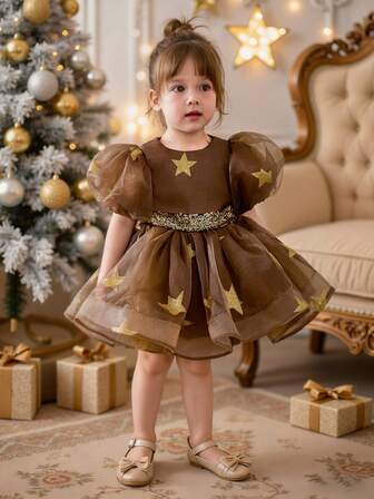 Baby Girl Christmas Elegant Dress, Star Mesh Puff Sleeve, Graceful Little Girl Party Dress, Princess Dress Suitable For Children's Birthday, Wedding, Flower Girl, Formal Occasions, Holiday Celebration