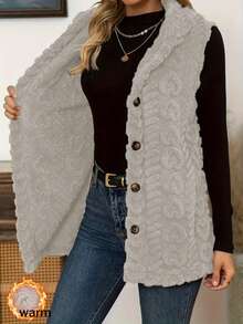 Women's Solid Color Hooded Knit Vest, Sleeveless Button Front Cardigan, Regular Length, With Fuzzy Details - Apricot - View 7