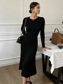 Livesso 女士长袖圆领修身针织毛衣连衣裙，高品质秋冬叠穿单品 - 黑色 - 查看 3
