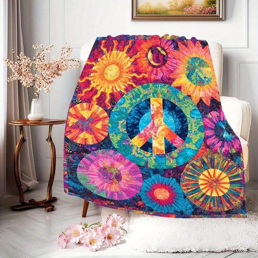Soft, Usable For All Seasons, Hippie Blankets And Throws - Boho Hippie Quilt Blanket, Hippie Print Throw Blanket - Adults Hippie Blanket For Couch Sofa, Colorful, Artistic Design With Peace & Nature Motifs - 多色25 - 查看 1