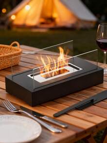 1个迷你便携式无烟生物乙醇壁炉，现代黑色金属桌面火盆，带钢化玻璃面板，室内/室外取暖器，户外露营取暖，家居聚会庭院装饰