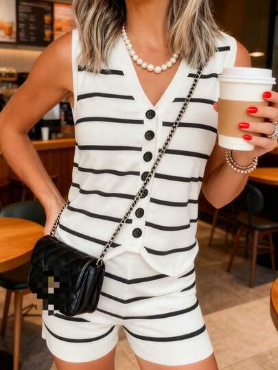 ARDOR S Black And White Clashing Stripes Slim Fit Suit Fashion Casual Vacation Comfortable Home Simple Button Decoration V-Neck Sleeveless Knit Top Shorts Sweater Two Pieces Set 2025 Spring And Summer New