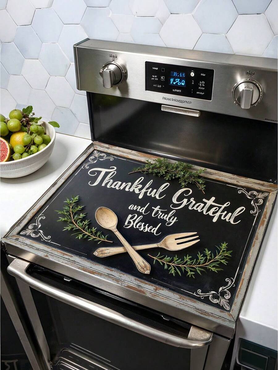 1pc 2D "Thanksgiving And Blessings" Stove Cover Mat Insulation Mat Farmhouse Style Kitchen Decor With Drain Mat, Oven Cover And Inspired Cookware Accessories, Elegant Font Design, Non-Slip, Dust-Proof And Scratch-Resistant, Essential For Home Cooking, Kitchen Accessories, Christmas Gifts, Christmas Decoration, 20.47x28.35inch - 72x52厘米/28.3x20.4英寸 - 查看 1
