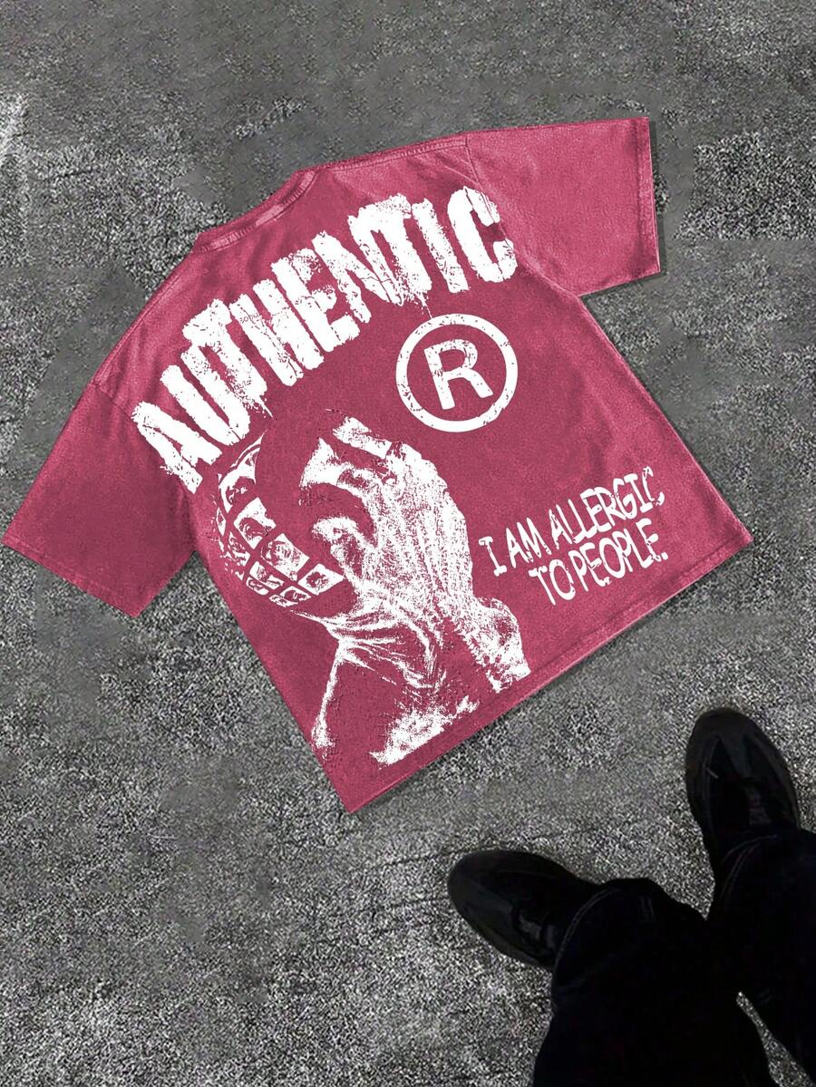 230g Washed, I Am Allergic To People Printed T-Shirts, High-Quality Batik Cotton Vintage Fashion Brand T-Shirts, Men's T-Shirts, Summer T-Shirts, Holiday Gifts, Perfect Gifts. - 玫紅色 - 查看 1