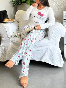 SANRIO Bộ đồ ngủ 2 món cổ tròn tay dài in họa tiết Hello Kitty dành cho nữ + quần ống đứng cạp chun - Màu xanh lam - Xem 6