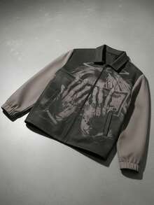 Men's Casual Graphic Print Suede Fleece Collar Jacket, Suitable For Spring And Autumn