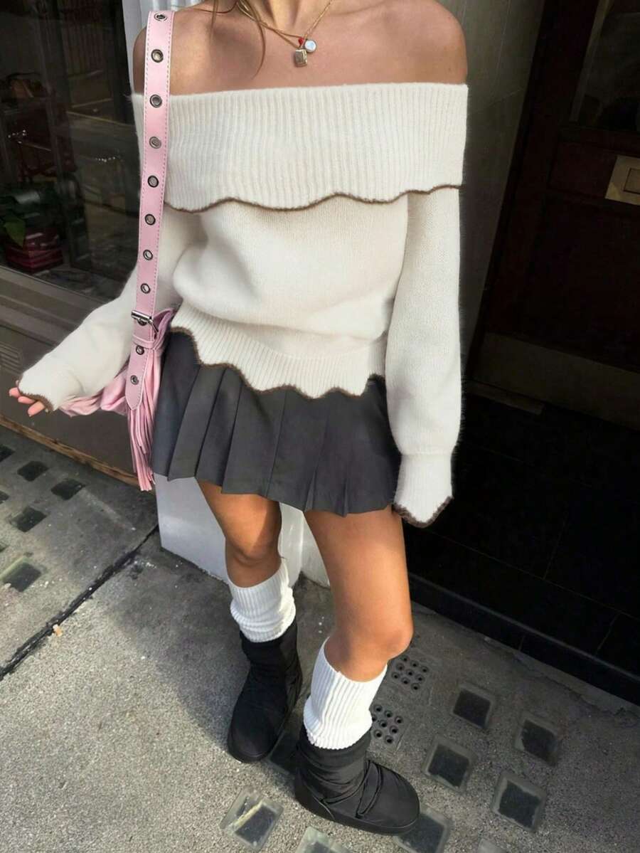 女士柔美露肩撞色滚边长袖套头毛衣