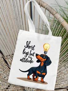 1pc Spacious Canvas Handbag With Cute Sausage Dog, Cute Puppy Print - Reusable Grocery Bag, Durable Shoulder Strap, Perfect For Shopping And Gifts, Women's Large Capacity Beach Shoulder Bag, Perfect Gift For Grocery Store Shopping And Daily Use, Suitable For Travel, School And Daily Commuting, The Best Gift For Dog Lovers