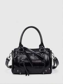 Fashionable Black Rivet Handbag, Minimalist Tote Bag, Multi-Functional Shoulder Strap Design, Women's Boston Bag, Shoulder Crossbody Bag - Black - View 2