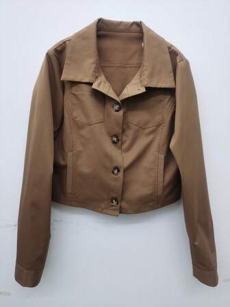 Women's Fashionable Commuter Solid Color Jacket: Collared Design, Short Silhouette | Comfortable Fabric, Free Movement | Elegant Camel Color | Suitable For Office, Street, Casual Gatherings, Coffee Dates | Meets Urban Fashionable Women's Daily Wear Needs