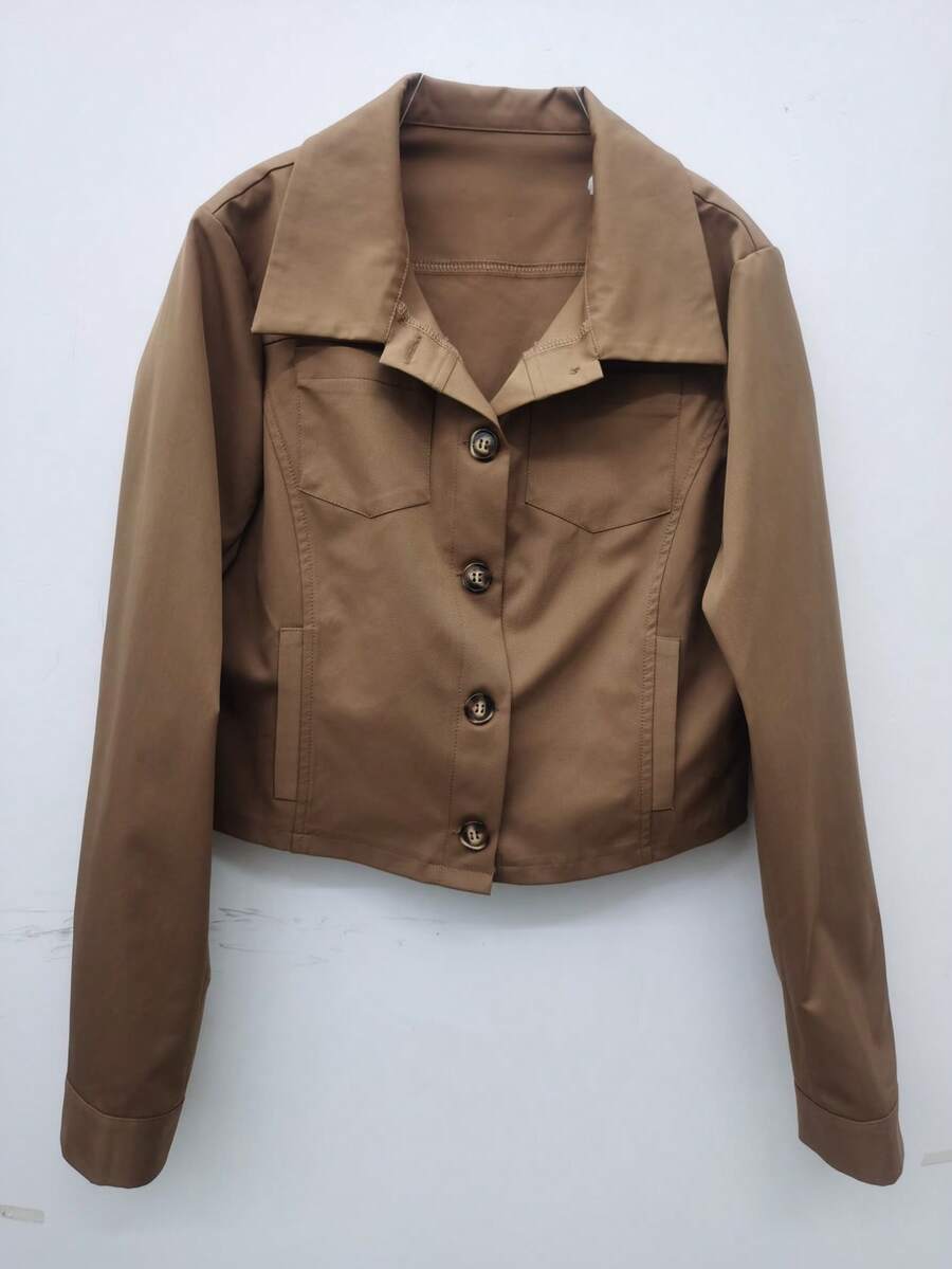 女士时尚通勤纯色夹克：翻领设计，短款廓形 | 舒适面料，活动自如 | 优雅驼色 | 适合办公室、街头、休闲聚会、咖啡约会 | 满足都市时尚女性的日常穿着需求 - 駝色 - 查看 1